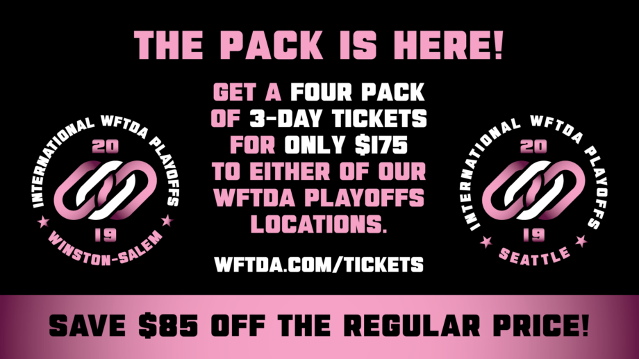 Get a 2019 International WFTDA Playoffs "Pack Is Here" 4-pack discount